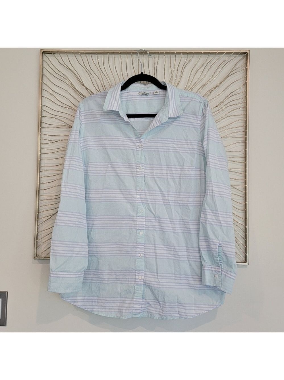 L.L. Bean Cotton Mint Green Light Blue Striped Button Down Shirt Size Large - Picture 4 of 11